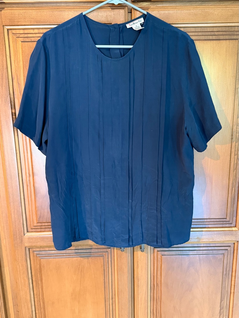Talbots Navy 100% Silk Pleated Short-Sleeve Blouse
